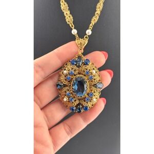 Vintage West Germany Blue Rhinestone Filigree Pendant Necklace 24.5"